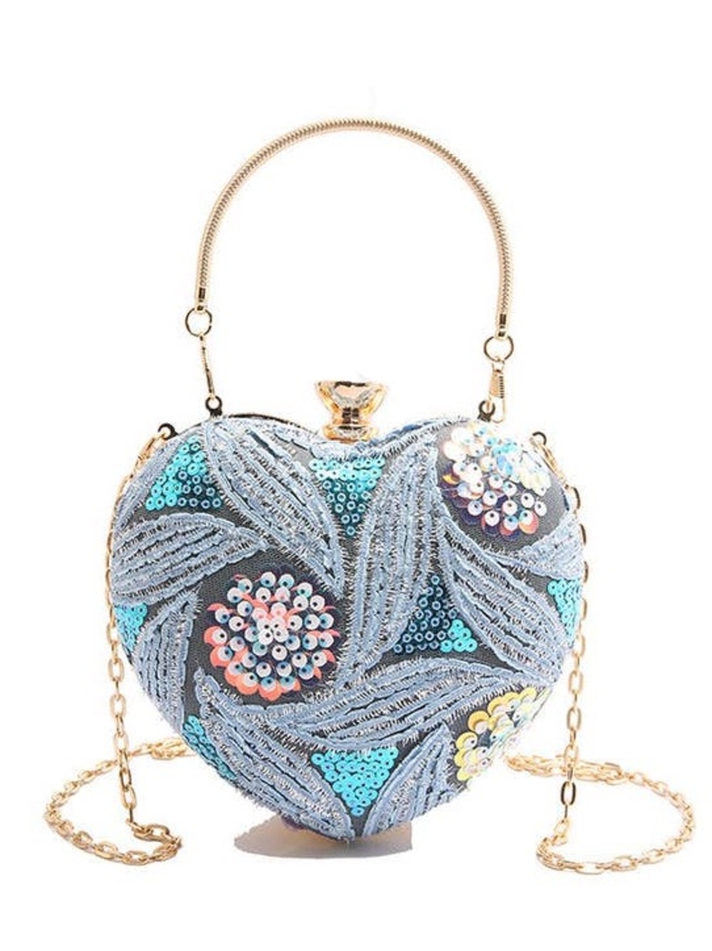 Embellished Heart Sequin Evening Bag - Blue